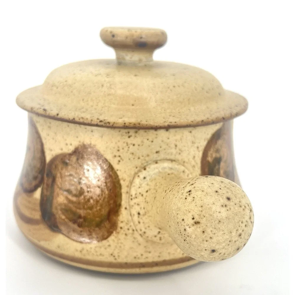 Carl McConnell Vtg Australian Lidded Pot Handle Stoneware Beige Pottery Speckled